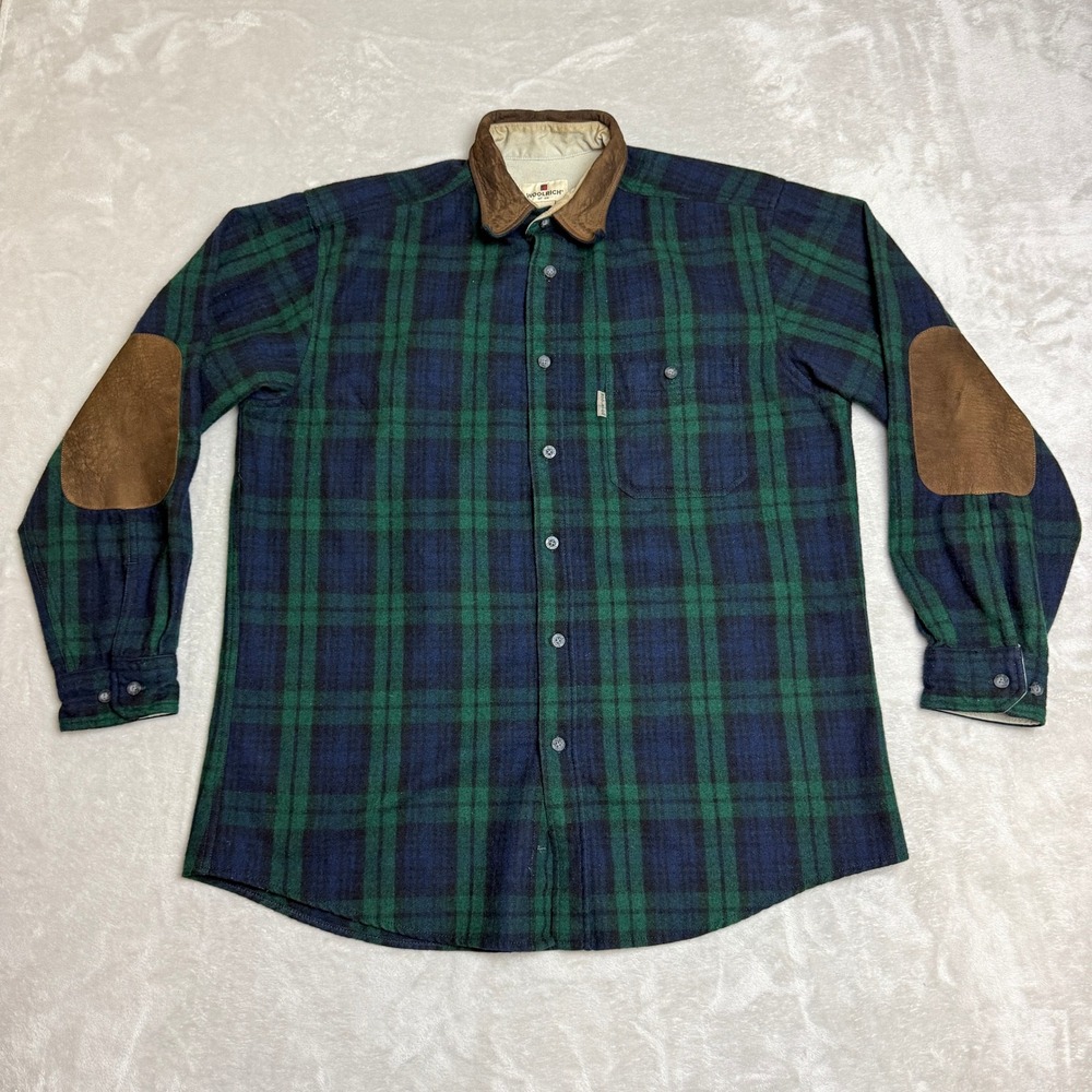 Woolrich Plaid Wool Shirt Men Large Green Navy Faux Suede Elbow Patches Outdoors